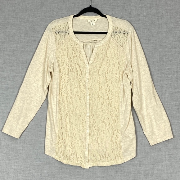 Style & Co Lace Front Top Button Up Long Sleeve Tee Sz XL Cream colour - Picture 1 of 9